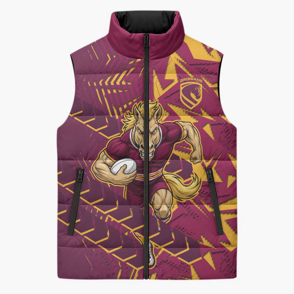 Brisbane Broncos Rugby Sleeveless Puffer Jacket Fierce Mascot Geometric Tribal Art