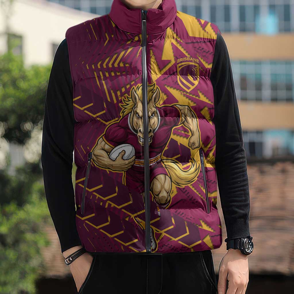 Brisbane Broncos Rugby Sleeveless Puffer Jacket Fierce Mascot Geometric Tribal Art