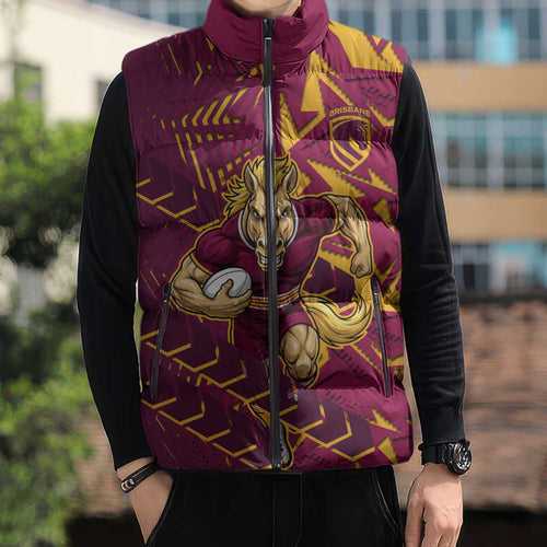 Brisbane Broncos Rugby Sleeveless Puffer Jacket Fierce Mascot Geometric Tribal Art