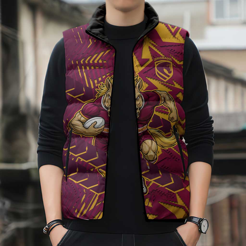 Brisbane Broncos Rugby Sleeveless Puffer Jacket Fierce Mascot Geometric Tribal Art
