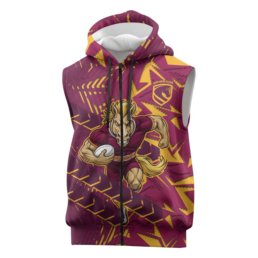 Brisbane Broncos Rugby Sleeveless Zip Hoodie Fierce Mascot Geometric Tribal Art