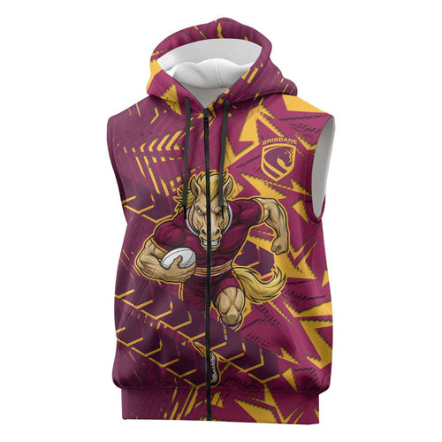 Brisbane Broncos Rugby Sleeveless Zip Hoodie Fierce Mascot Geometric Tribal Art