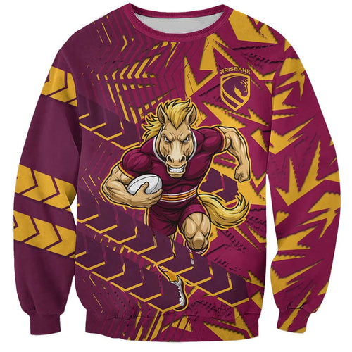 Brisbane Broncos Rugby Sweatshirt Fierce Mascot Geometric Tribal Art