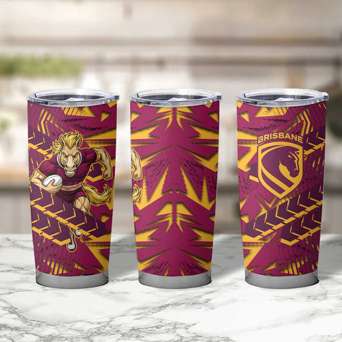 Brisbane Broncos Rugby Tumbler Cup Fierce Mascot Geometric Tribal Art
