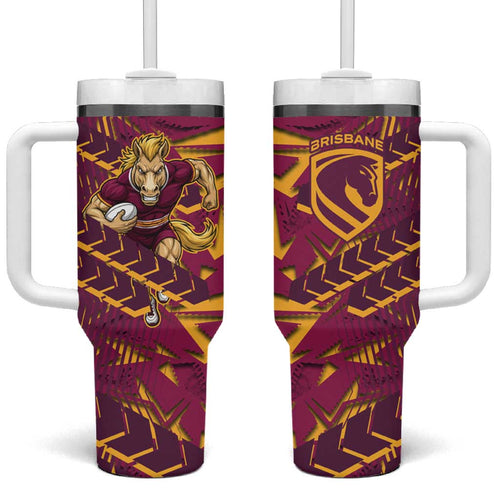 Brisbane Broncos Rugby Tumbler With Handle Fierce Mascot Geometric Tribal Art