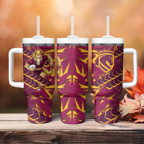 Brisbane Broncos Rugby Tumbler With Handle Fierce Mascot Geometric Tribal Art