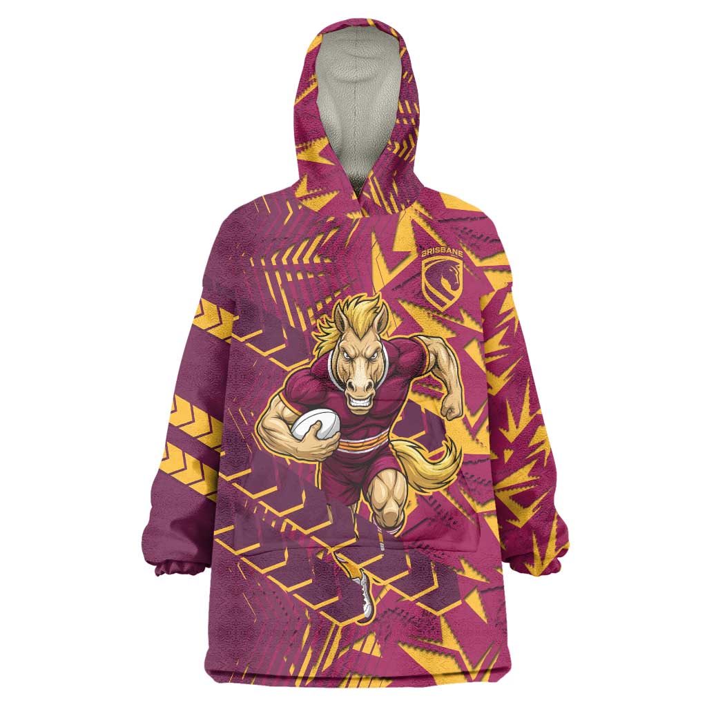 Brisbane Broncos Rugby Wearable Blanket Hoodie Fierce Mascot Geometric Tribal Art