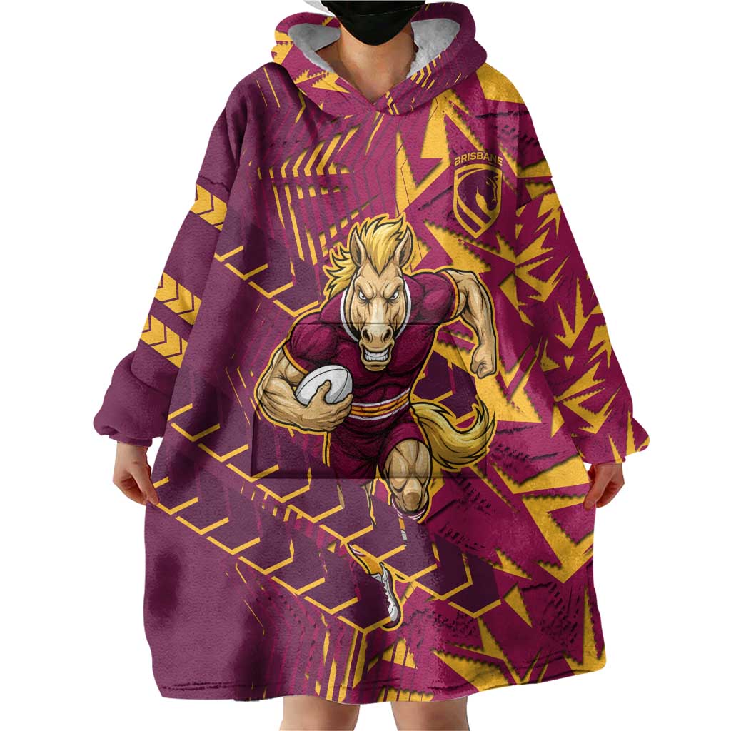 Brisbane Broncos Rugby Wearable Blanket Hoodie Fierce Mascot Geometric Tribal Art