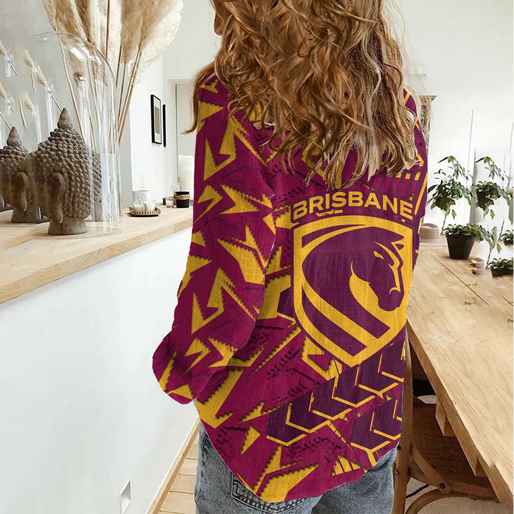 Brisbane Broncos Rugby Women Casual Shirt Fierce Mascot Geometric Tribal Art