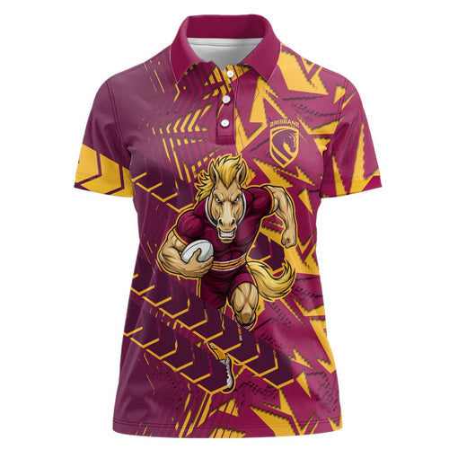 Brisbane Broncos Rugby Women Polo Shirt Fierce Mascot Geometric Tribal Art