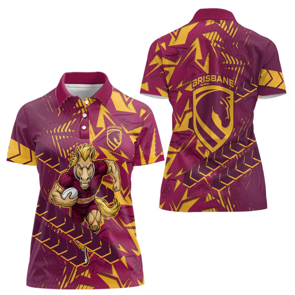 Brisbane Broncos Rugby Women Polo Shirt Fierce Mascot Geometric Tribal Art