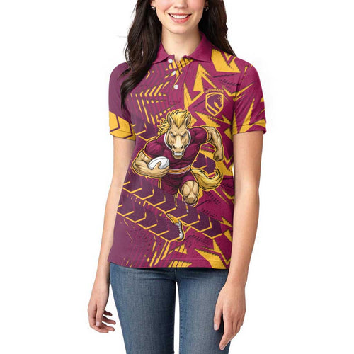 Brisbane Broncos Rugby Women Polo Shirt Fierce Mascot Geometric Tribal Art