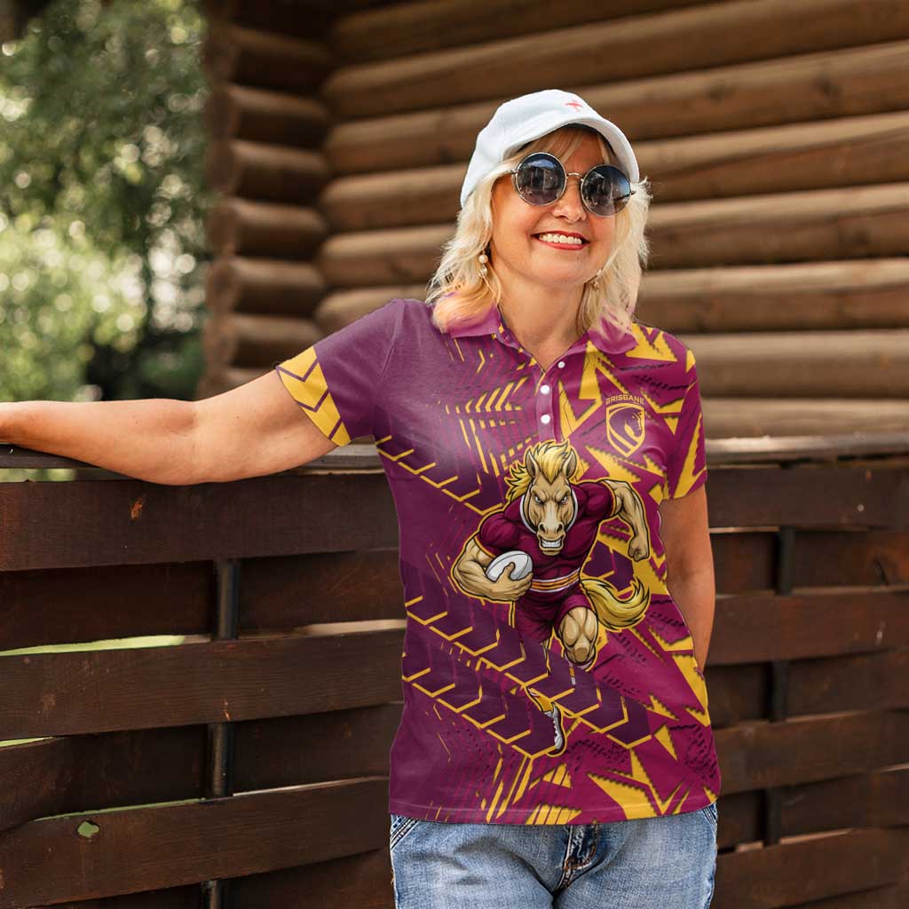 Brisbane Broncos Rugby Women Polo Shirt Fierce Mascot Geometric Tribal Art