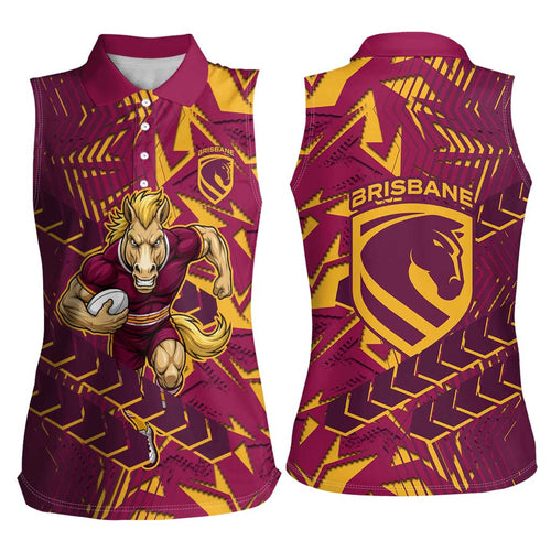 Brisbane Broncos Rugby Women Sleeveless Polo Shirt Fierce Mascot Geometric Tribal Art