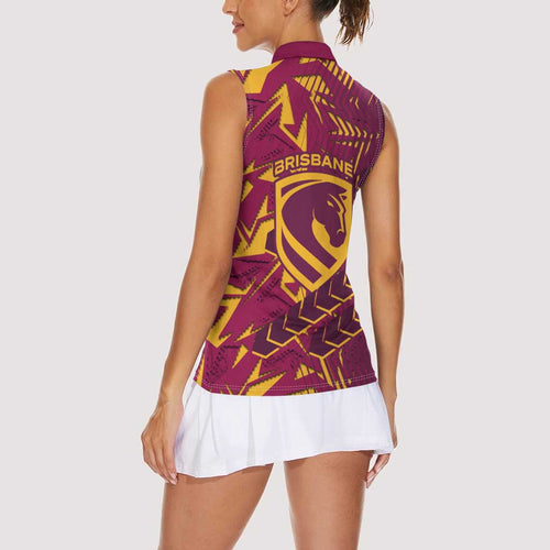 Brisbane Broncos Rugby Women Sleeveless Polo Shirt Fierce Mascot Geometric Tribal Art