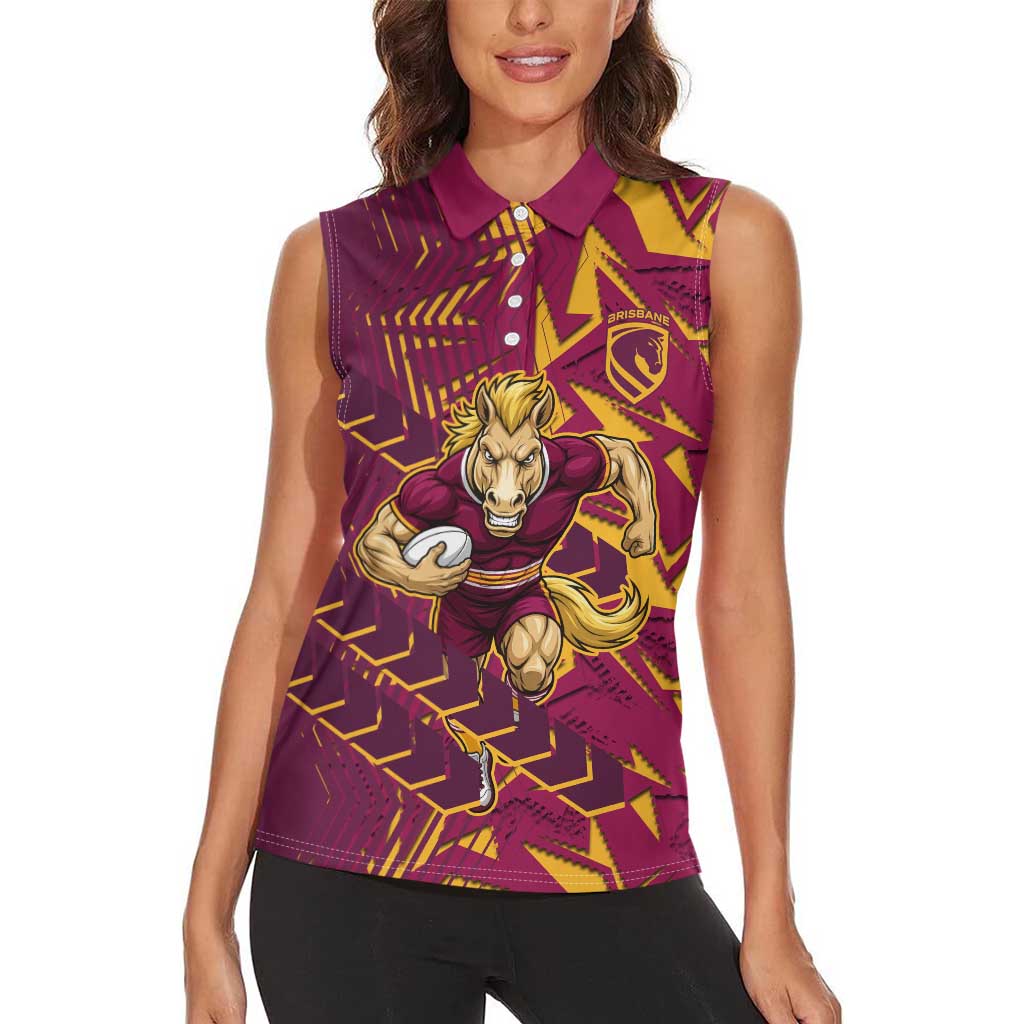 Brisbane Broncos Rugby Women Sleeveless Polo Shirt Fierce Mascot Geometric Tribal Art