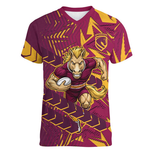 Brisbane Broncos Rugby Women V-Neck T-Shirt Fierce Mascot Geometric Tribal Art