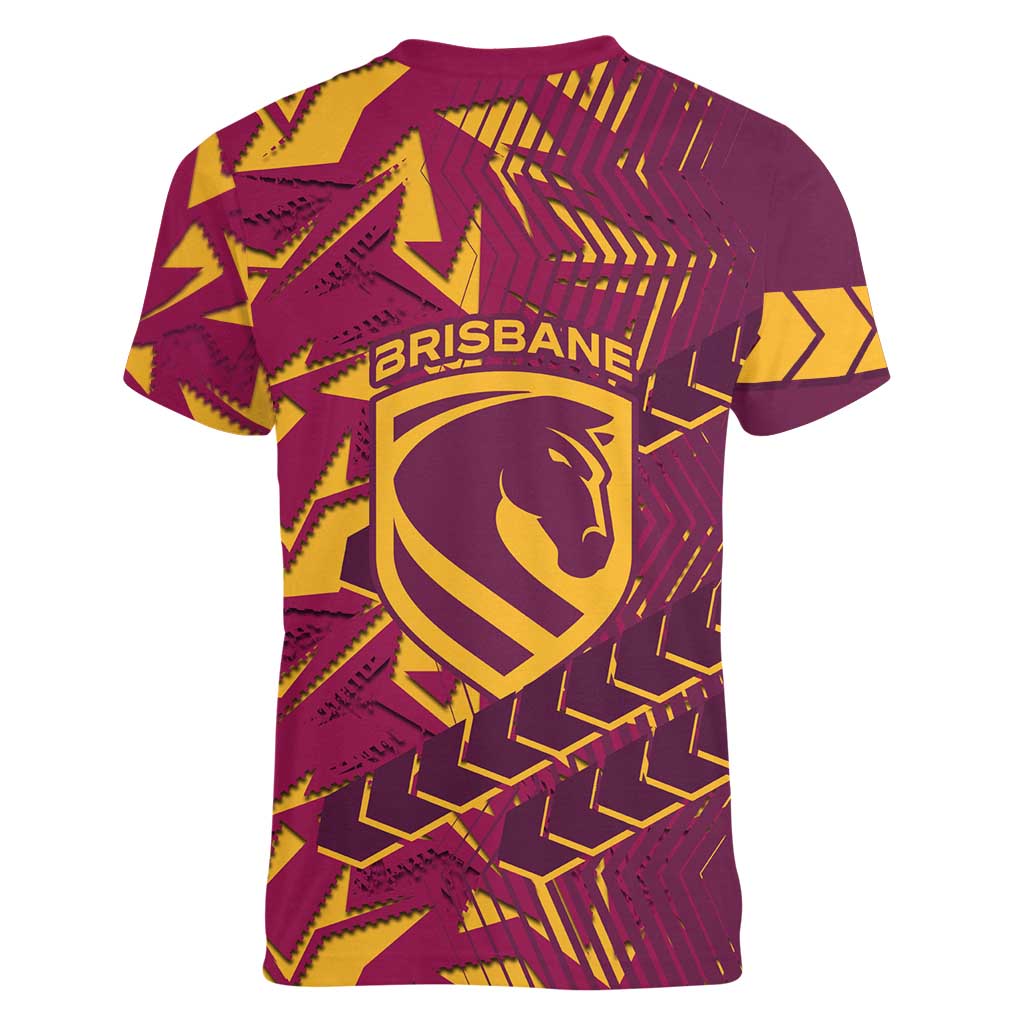 Brisbane Broncos Rugby Women V-Neck T-Shirt Fierce Mascot Geometric Tribal Art