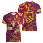 Brisbane Broncos Rugby Women V-Neck T-Shirt Fierce Mascot Geometric Tribal Art