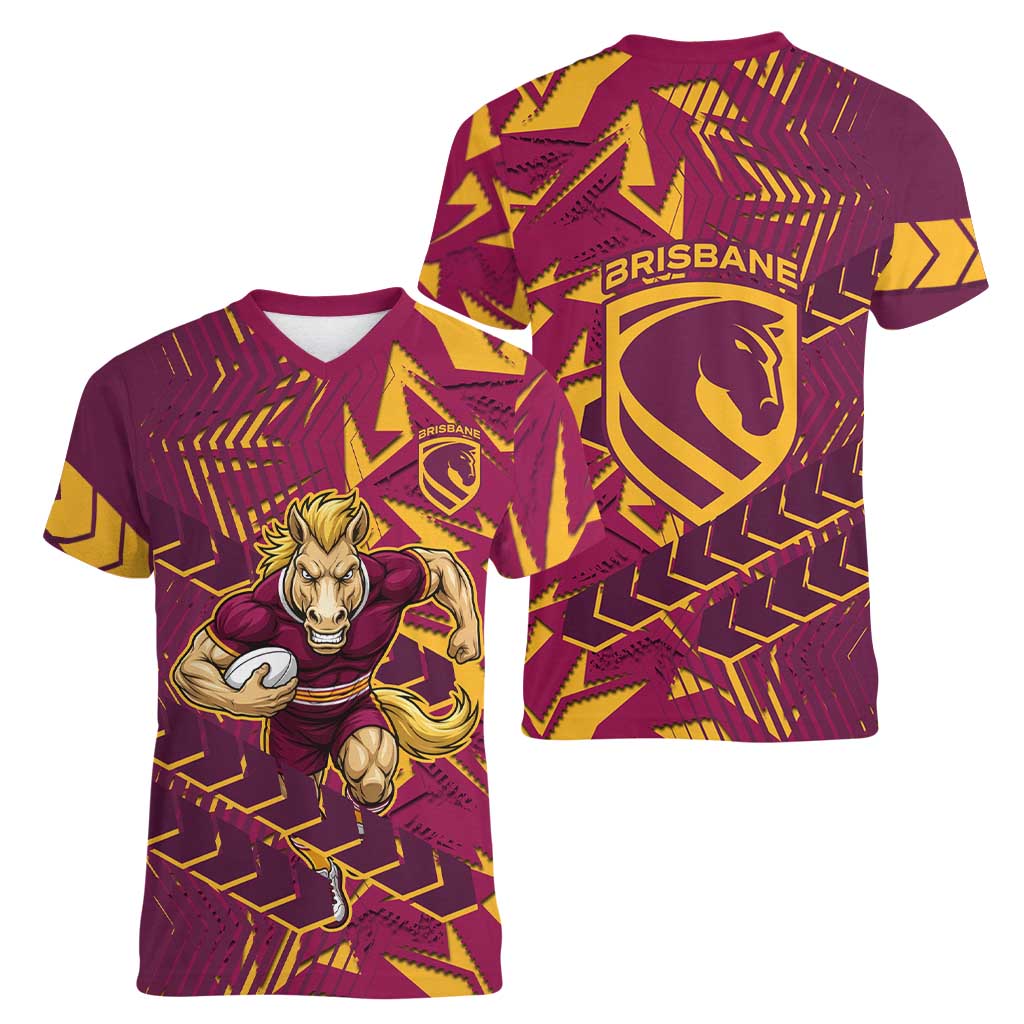 Brisbane Broncos Rugby Women V-Neck T-Shirt Fierce Mascot Geometric Tribal Art