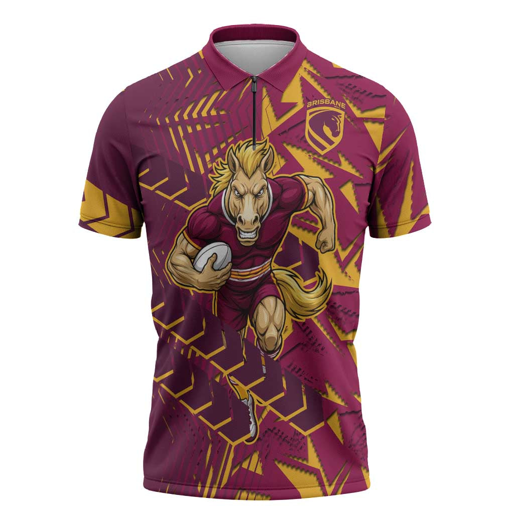 Brisbane Broncos Rugby Zipper Polo Shirt Fierce Mascot Geometric Tribal Art