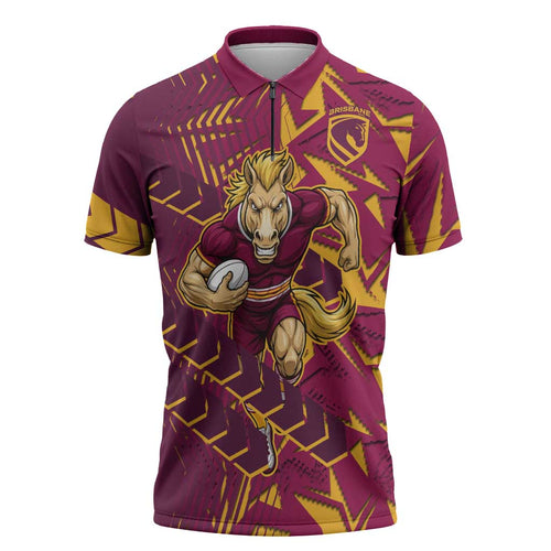 Brisbane Broncos Rugby Zipper Polo Shirt Fierce Mascot Geometric Tribal Art