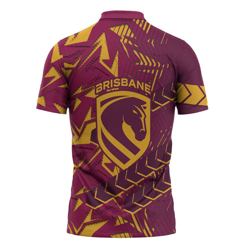 Brisbane Broncos Rugby Zipper Polo Shirt Fierce Mascot Geometric Tribal Art