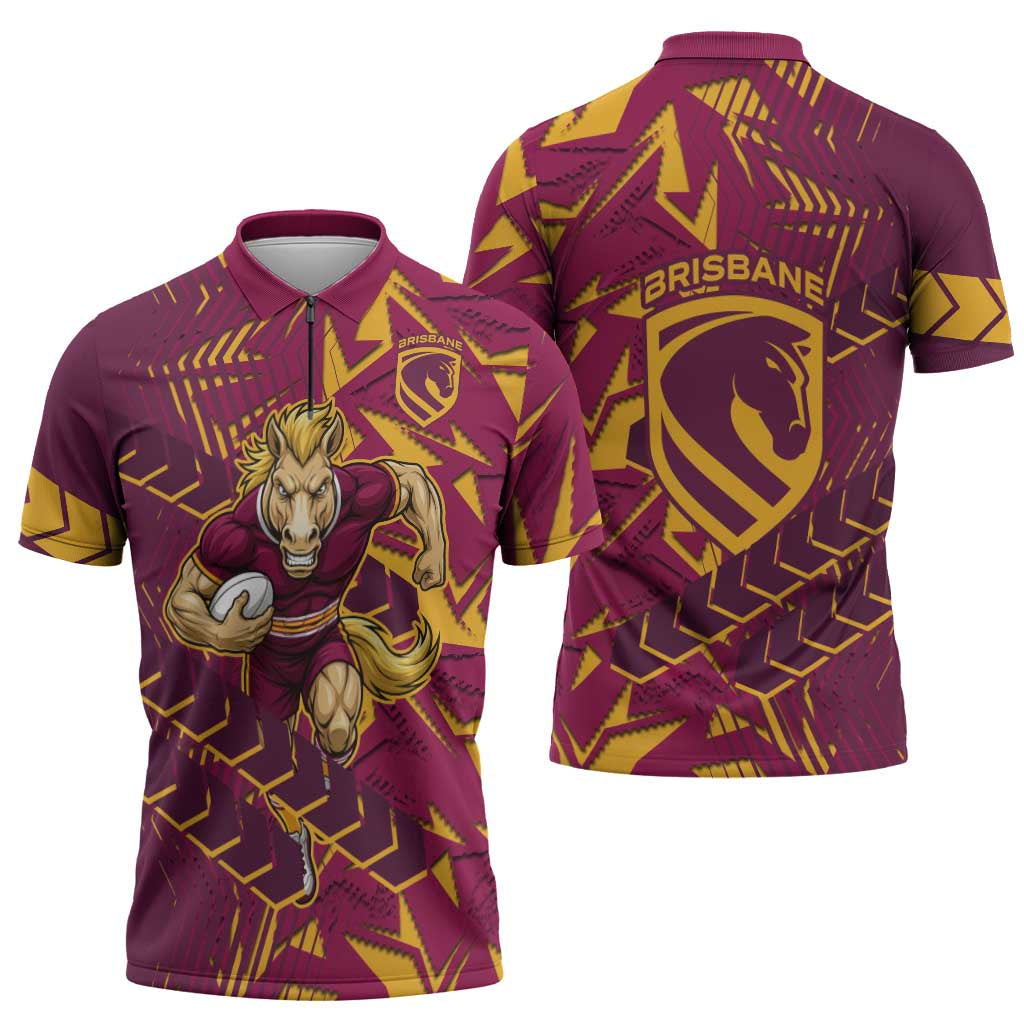 Brisbane Broncos Rugby Zipper Polo Shirt Fierce Mascot Geometric Tribal Art