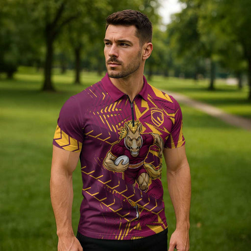 Brisbane Broncos Rugby Zipper Polo Shirt Fierce Mascot Geometric Tribal Art