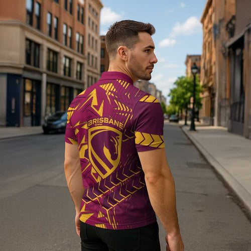 Brisbane Broncos Rugby Zipper Polo Shirt Fierce Mascot Geometric Tribal Art