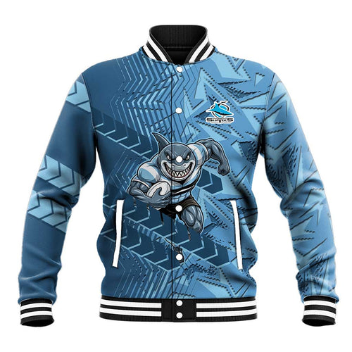 Cronulla Sutherland Sharks Rugby Baseball Jacket Fierce Mascot Geometric Tribal Art