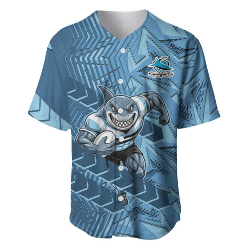 Cronulla Sutherland Sharks Rugby Baseball Jersey Fierce Mascot Geometric Tribal Art