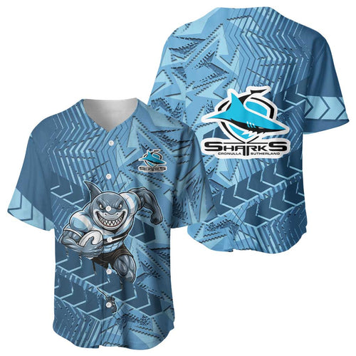 Cronulla Sutherland Sharks Rugby Baseball Jersey Fierce Mascot Geometric Tribal Art