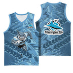 Cronulla Sutherland Sharks Rugby Basketball Jersey Fierce Mascot Geometric Tribal Art