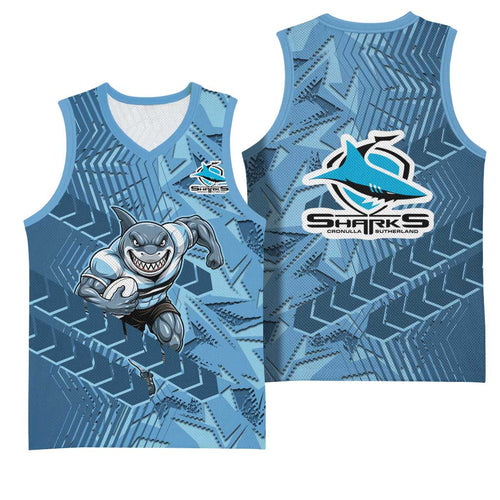 Cronulla Sutherland Sharks Rugby Basketball Jersey Fierce Mascot Geometric Tribal Art
