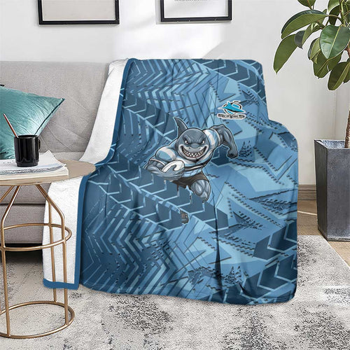 Cronulla Sutherland Sharks Rugby Blanket Fierce Mascot Geometric Tribal Art