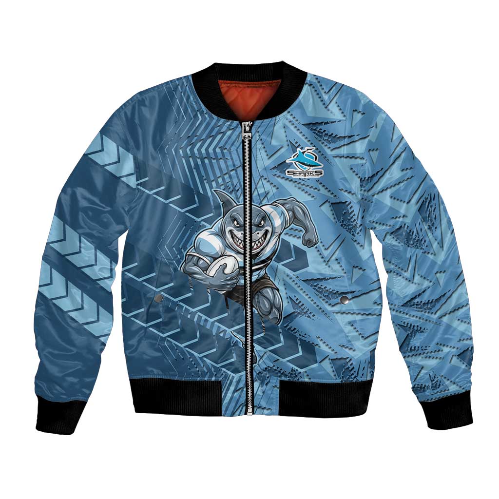Cronulla Sutherland Sharks Rugby Bomber Jacket Fierce Mascot Geometric Tribal Art