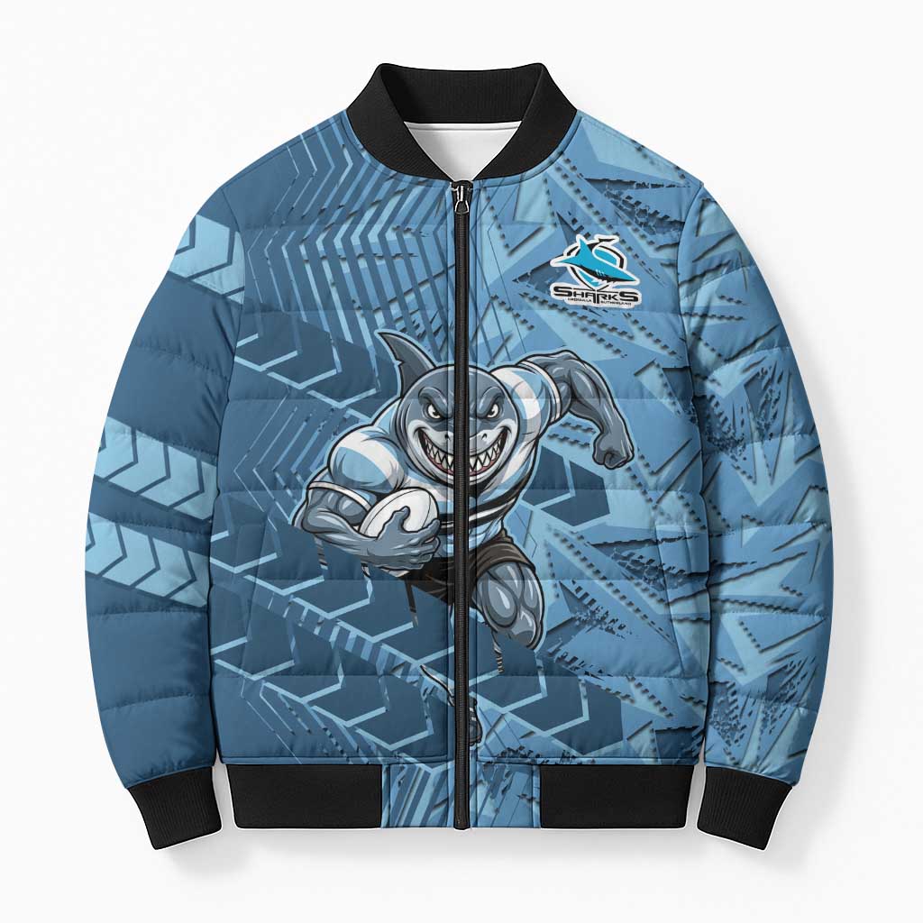 Cronulla Sutherland Sharks Rugby Bomber Puffer Jacket Fierce Mascot Geometric Tribal Art