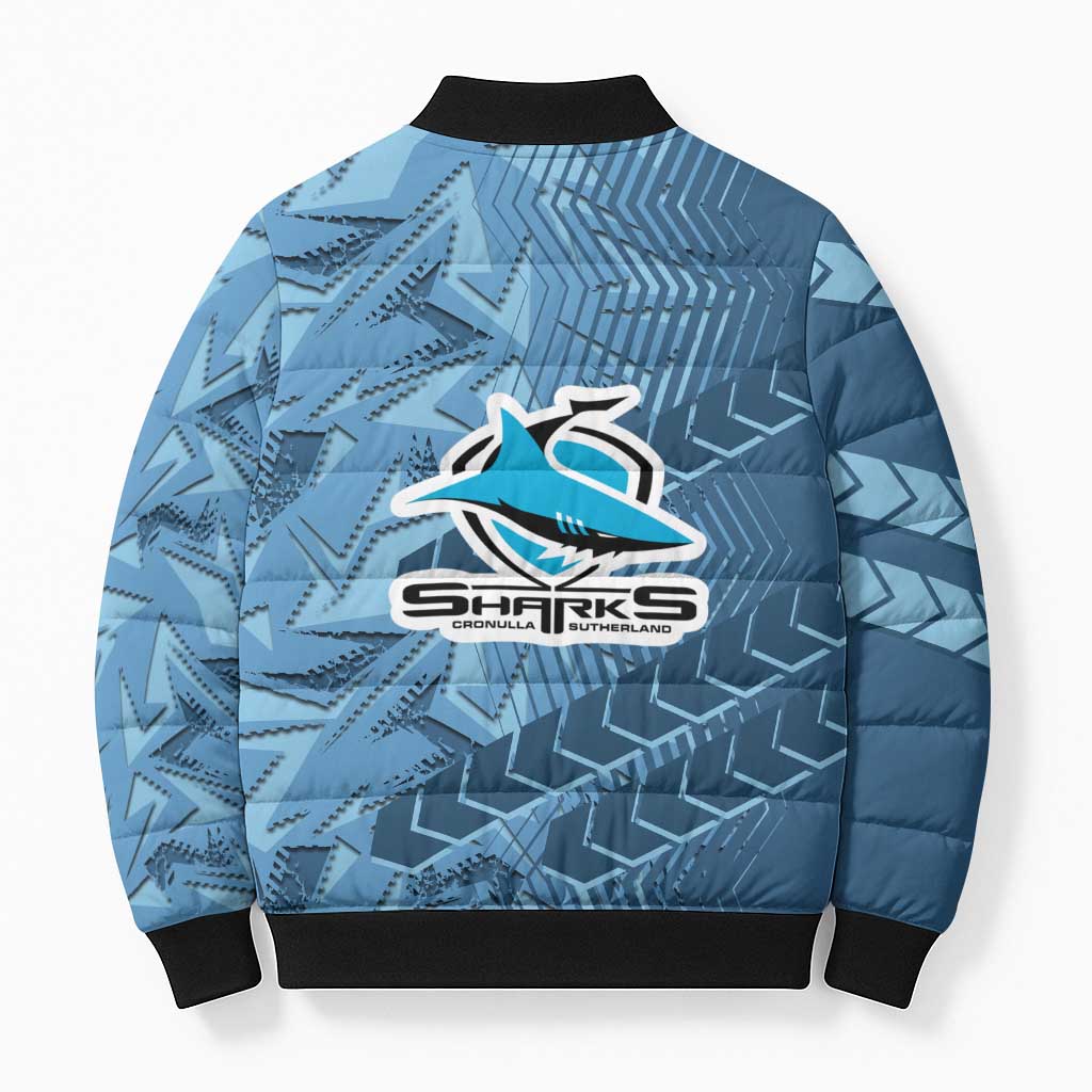 Cronulla Sutherland Sharks Rugby Bomber Puffer Jacket Fierce Mascot Geometric Tribal Art