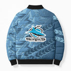 Cronulla Sutherland Sharks Rugby Bomber Puffer Jacket Fierce Mascot Geometric Tribal Art