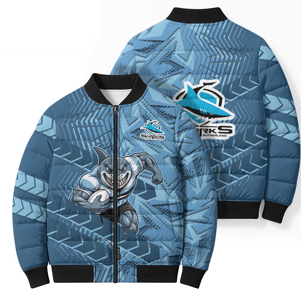 Cronulla Sutherland Sharks Rugby Bomber Puffer Jacket Fierce Mascot Geometric Tribal Art