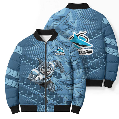 Cronulla Sutherland Sharks Rugby Bomber Puffer Jacket Fierce Mascot Geometric Tribal Art