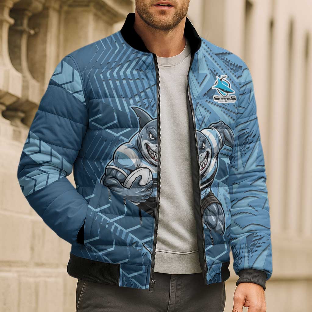 Cronulla Sutherland Sharks Rugby Bomber Puffer Jacket Fierce Mascot Geometric Tribal Art