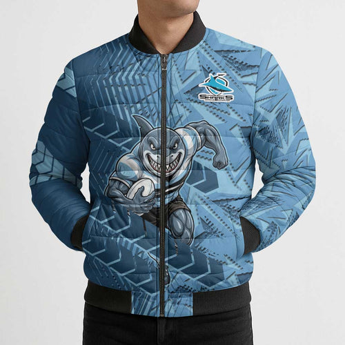 Cronulla Sutherland Sharks Rugby Bomber Puffer Jacket Fierce Mascot Geometric Tribal Art