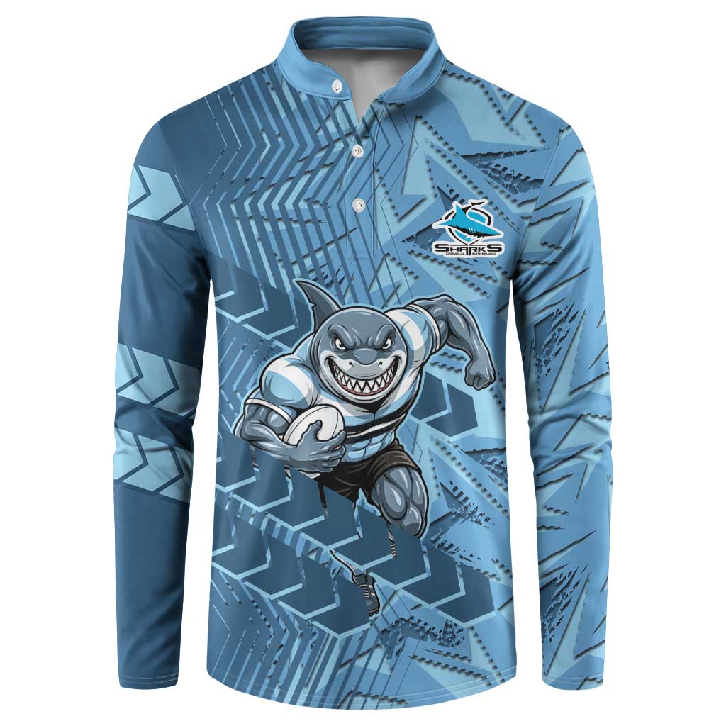Cronulla Sutherland Sharks Rugby Button Sweatshirt Fierce Mascot Geometric Tribal Art