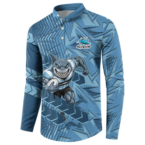 Cronulla Sutherland Sharks Rugby Button Sweatshirt Fierce Mascot Geometric Tribal Art