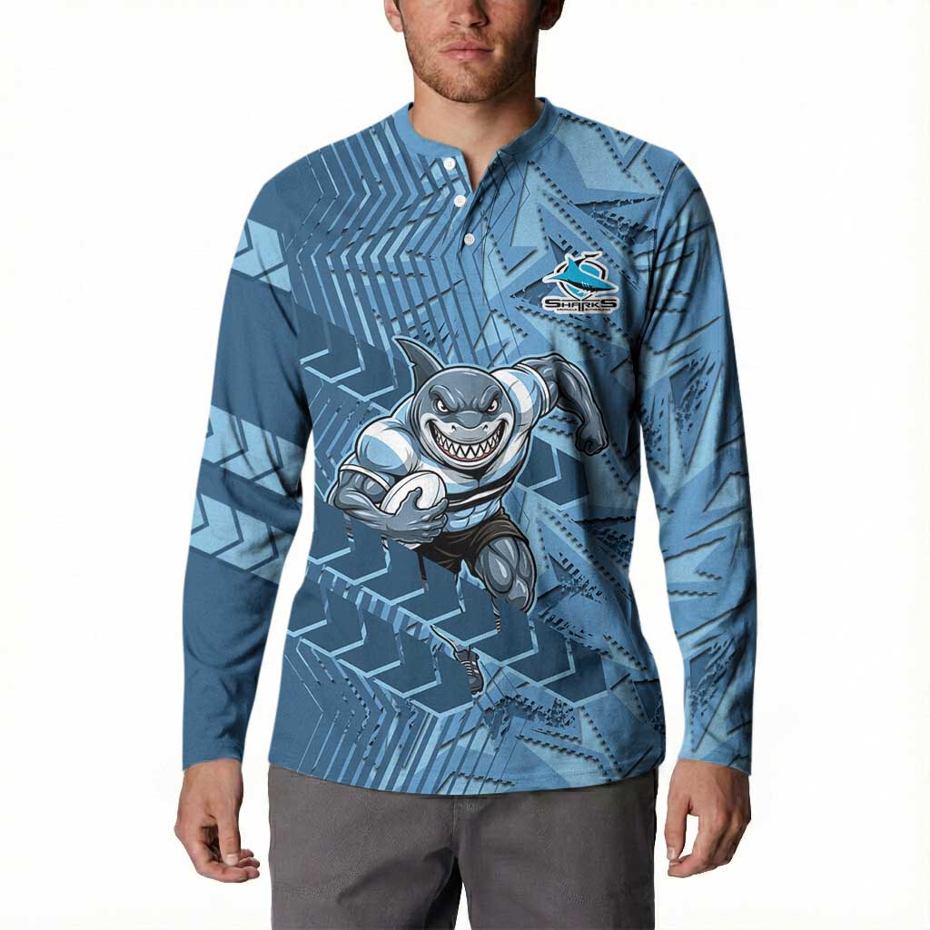 Cronulla Sutherland Sharks Rugby Button Sweatshirt Fierce Mascot Geometric Tribal Art