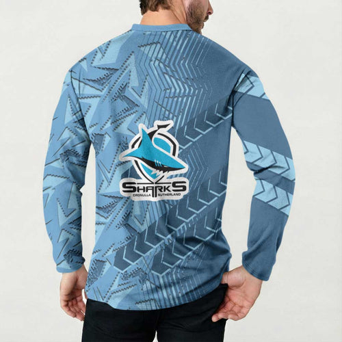 Cronulla Sutherland Sharks Rugby Button Sweatshirt Fierce Mascot Geometric Tribal Art
