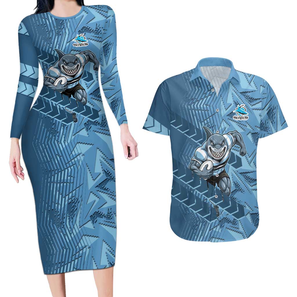 Cronulla Sutherland Sharks Rugby Couples Matching Long Sleeve Bodycon Dress and Hawaiian Shirt Fierce Mascot Geometric Tribal Art