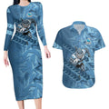 Cronulla Sutherland Sharks Rugby Couples Matching Long Sleeve Bodycon Dress and Hawaiian Shirt Fierce Mascot Geometric Tribal Art